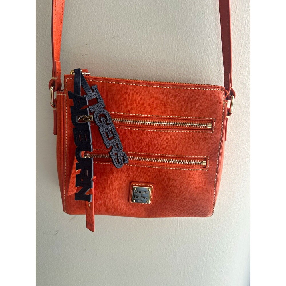 Dooney & Bourke Peyton Orange leather Crossbody Bag Auburn Tigers Charm Zip